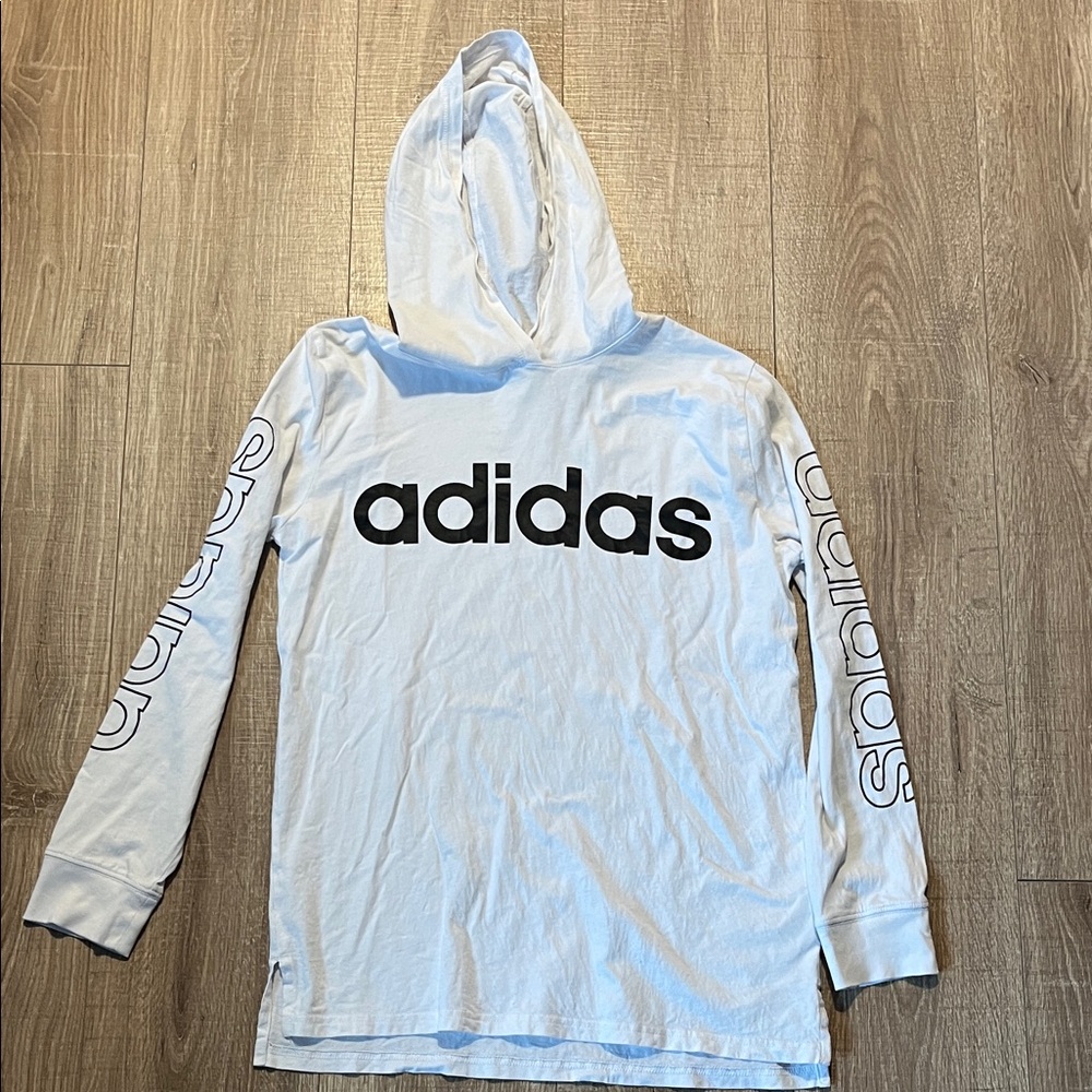Adidas Kid’s White Hoodie with Black Logo Long-sleeved Size L 14/16